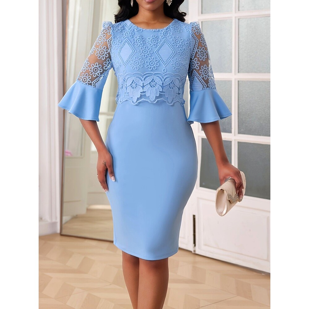 Women's Light Blue Sheath Dress Lace Overlay Pencil Midi Trompet Sleeve Medium